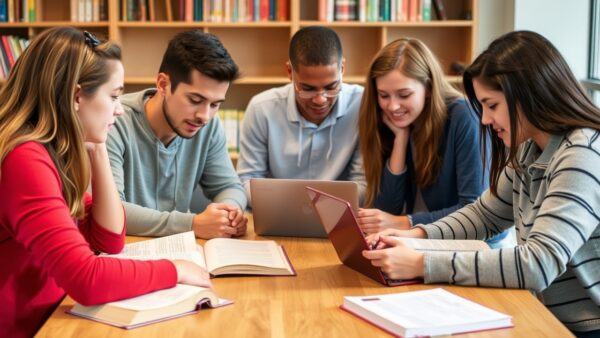 Açık kitaplar ve dizüstü bilgisayarlarla bir masada birlikte çalışan öğrenciler grubu